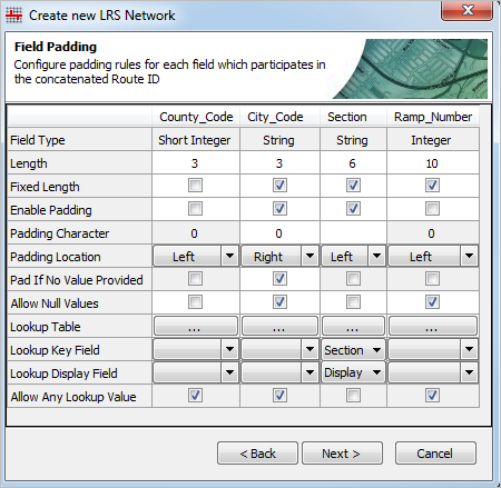 Field padding step in Create new LRS Network wizard