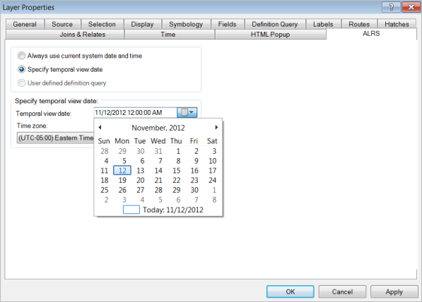 Specify the temporal view date on ALRS tab of the Layer Properties dialog box