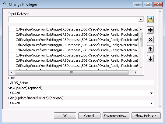 Change Privileges dialog box with parameters complete