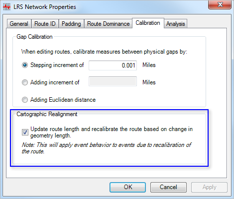 Cartographic realignment options on the LRS Network Properties dialog box