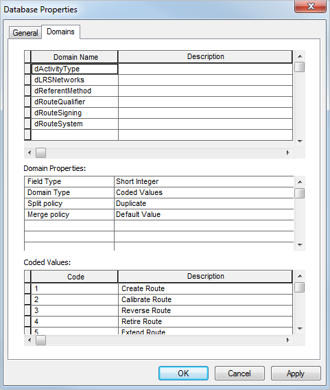 Domains tab in geodatabase