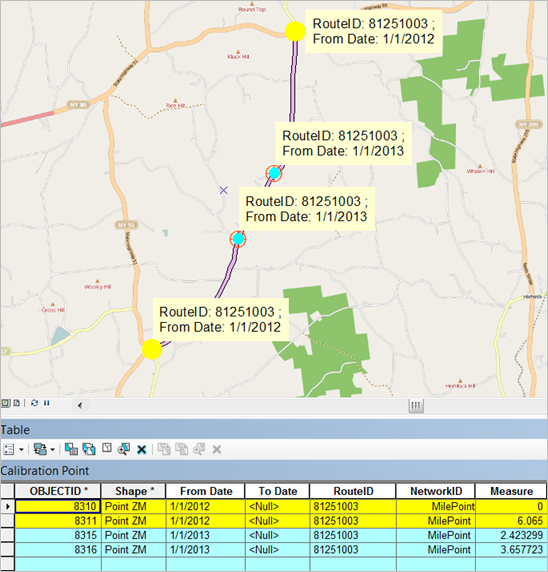 Calibration point data with different dates for same route