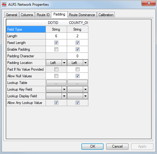 Padding, null, and lookup table settings tab