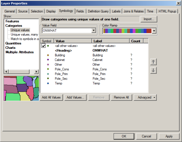 Symbology tab—using the ONWHAT GIS attribute to draw ServiceLocation schematic features