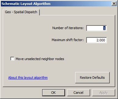 Schematic Layout Algorithm dialog box with Geo - Spatial Dispatch properties tab