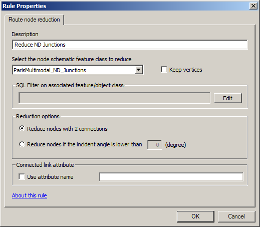 Route Node Reduction rule properties specified to reduce the red ParisMultimodal_ND_Junctions