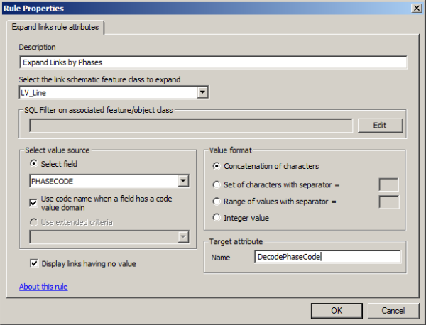 Expand Links rule properties page specified to expand the LV_Line schematic links according to the PhaseCode field values and store the decoded values in the DecodedPhaseCode propertyset property