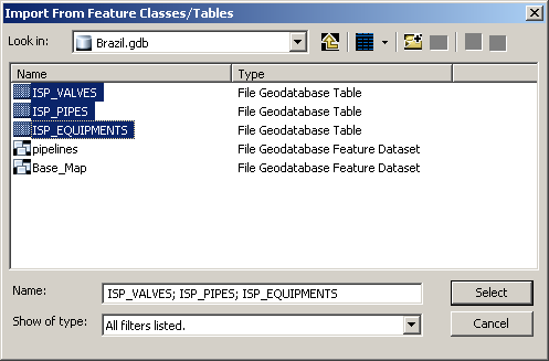 Import From Feature Classes/Tables dialog box - selected tables
