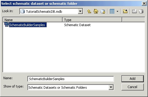Selecting the SchematicBuilderSamples tutorial schematic dataset