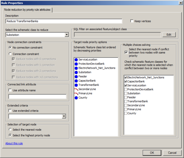 Node Reduction By Priority rule properties page specified to reduce the TransformerBanks