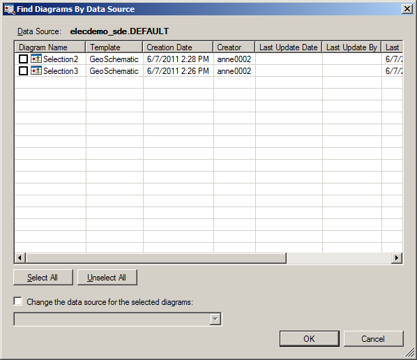 Find Diagrams By Data Source sample result from a versioned database