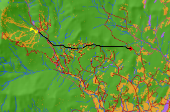 Map with the polyline representing the new route