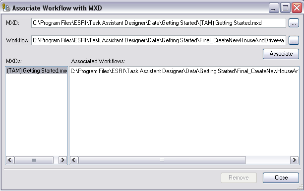 Associate Workflow with MXD dialog box populated with results