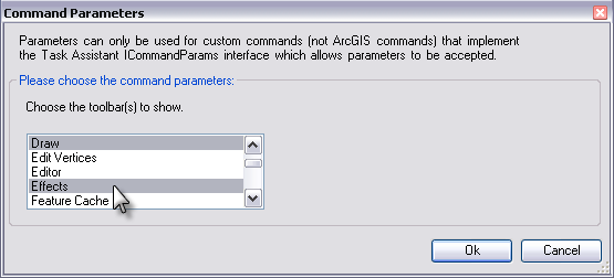 Command Parameters dialog box with the toolbar drop-down menu