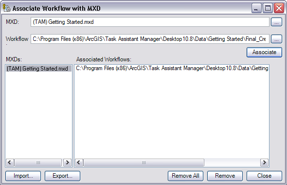 Associate Workflows with MXD dialog box
