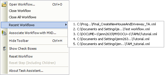 Recent workflows in the Task Assistant for Designer shortcut menu