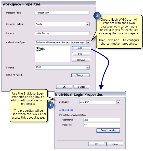 Data Workspace individual logins dialog box