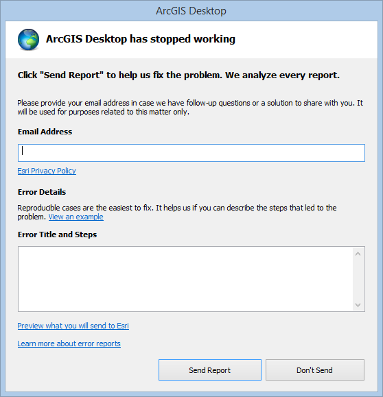 The dialog box that appears when ArcGIS Desktop stops working