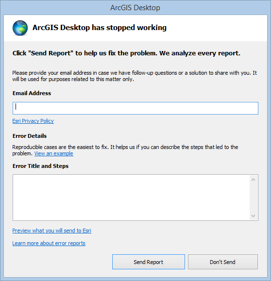 Error Reporting For Arcgis Desktop Software Arcmap Documentation