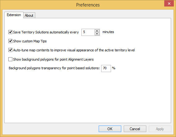 Preferences window before a territory solution has been created