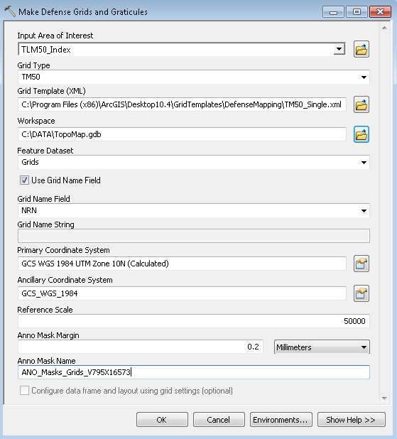 Make Defense Grids and Graticules dialog box with a single-zone grid XML file loaded
