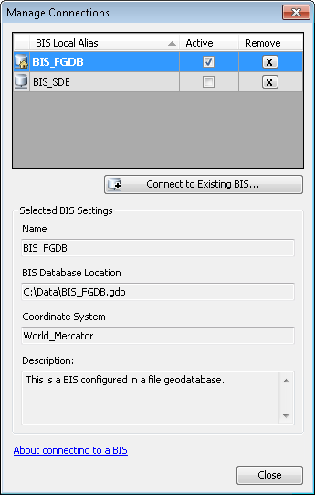 Manage Connections dialog box Manage Connections dialog box