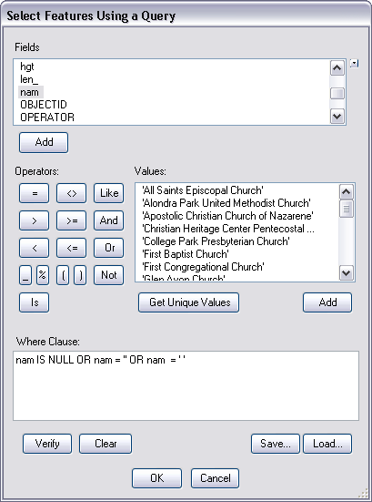 Where Clause field for nam attribute Where Clause field for nam attribute