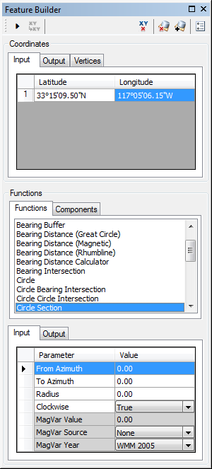 Feature Builder window with the Circle Section function selected Feature Builder window with the Circle Section function selected