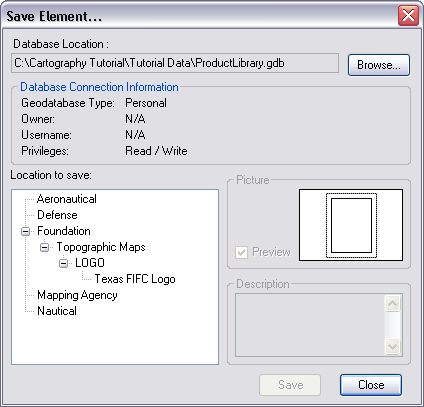 Save Element dialog box Save Element dialog box