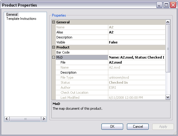 MxD properties on the Product Properties dialog box MxD properties on the Product Properties dialog box