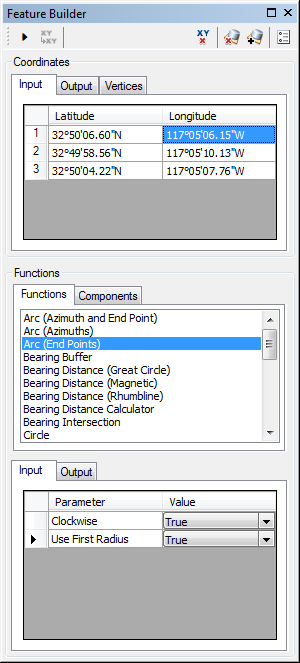 Feature Builder window with the Arc (End Points) function selected Feature Builder window with the Arc (End Points) function selected