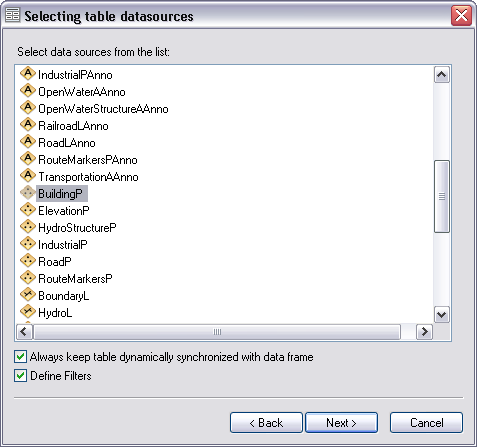 Selecting table datasources dialog box Selecting table datasources dialog box