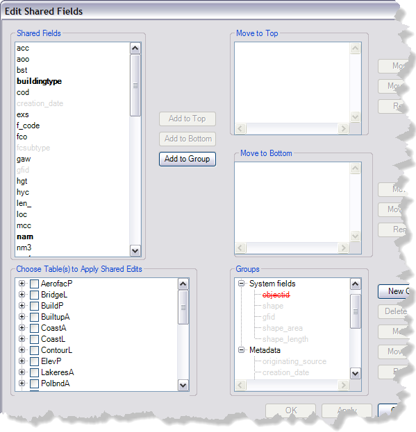Edit Shared Fields dialog box with groups Edit Shared Fields dialog box with groups