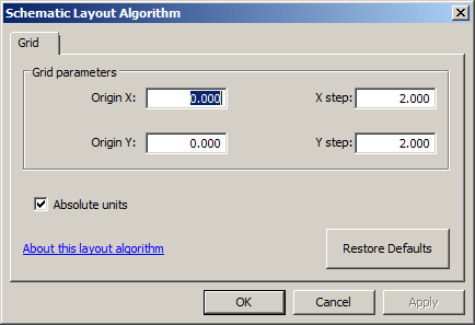 Schematic Layout Algorithm dialog box with Grid properties tab Schematic Layout Algorithm dialog box with Grid properties tab