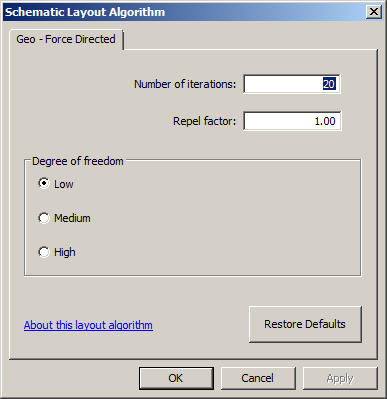 Schematic Layout Algorithm dialog box with Geo - Force Directed properties tab Schematic Layout Algorithm dialog box with Geo - Force Directed properties tab
