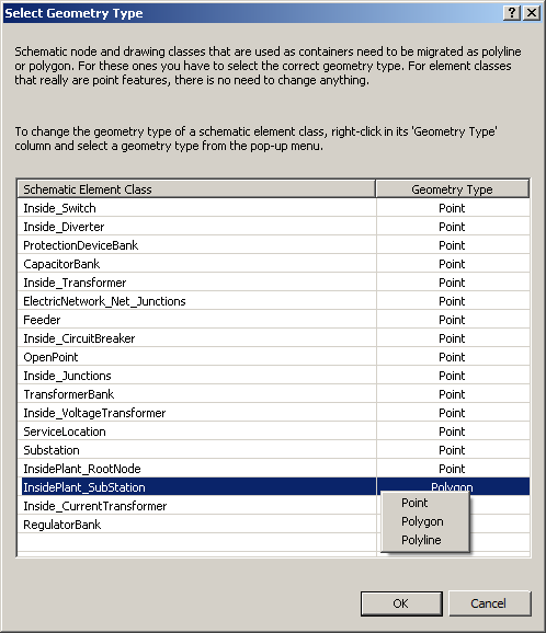 Select Geometry Type dialog box with pop-up menu from the Geometry Type column Select Geometry Type dialog box with pop-up menu from the Geometry Type column