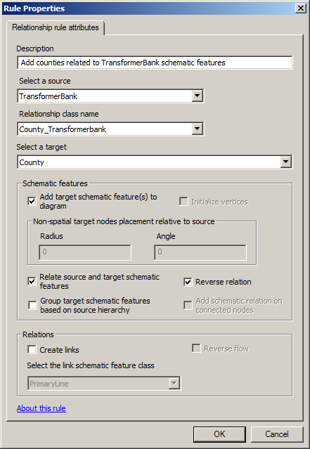 Relationship rule properties page specified to add counties related to the TransformerBank schematic features Relationship rule properties page specified to add counties related to the TransformerBank schematic features