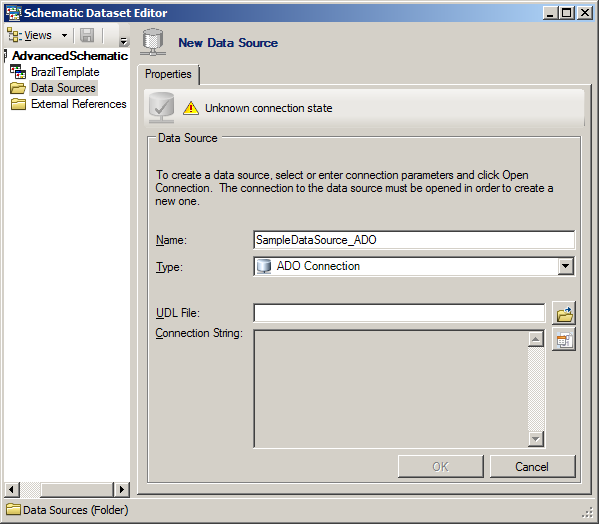 Properties tab for an ADO Connection data source - initial content Properties tab for an ADO Connection data source - initial content