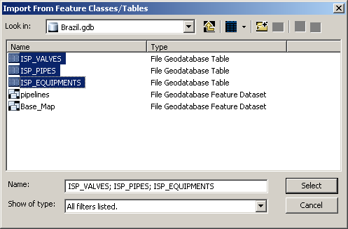 Import From Feature Classes/Tables dialog box - selected tables Import From Feature Classes/Tables dialog box - selected tables