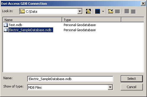 Selecting the desired ESRI Access geodatabase Selecting the desired ESRI Access geodatabase