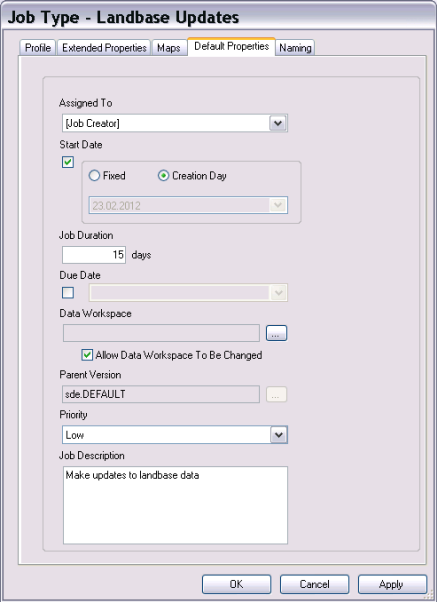 Workflow Manager Administrator Job Type dialog box default properties