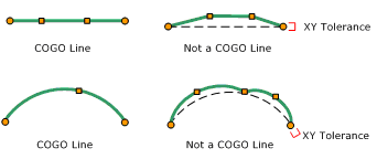 The lines on the left are COGO lines, the ones on the right are not.