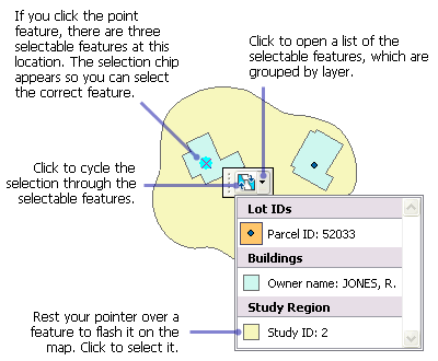 Using the selection chip that appears when you click a location with overlapping selectable features