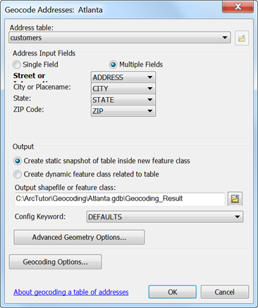 Geocode Addresses dialog box