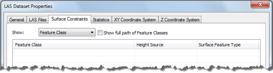 LAS Dataset Properties dialog box - Surface Constraints tab