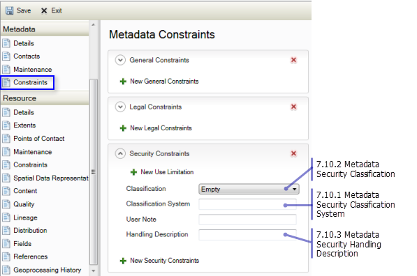 Metadata Constraints page: Metadata Security Information