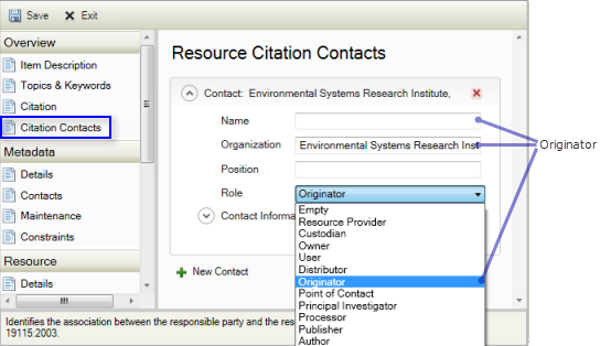 The citation contact's role indicates the relationship between the contact and the cited item