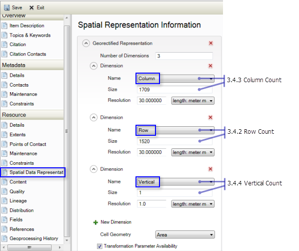 Resource Spatial Data Representation page: Row, Column, and Vertical Count