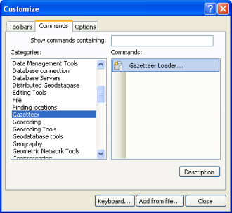 Select the Gazetteer Loader command in the Customize dialog box.