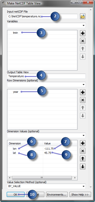 Parameter values in the Make NetCDF Table View tool